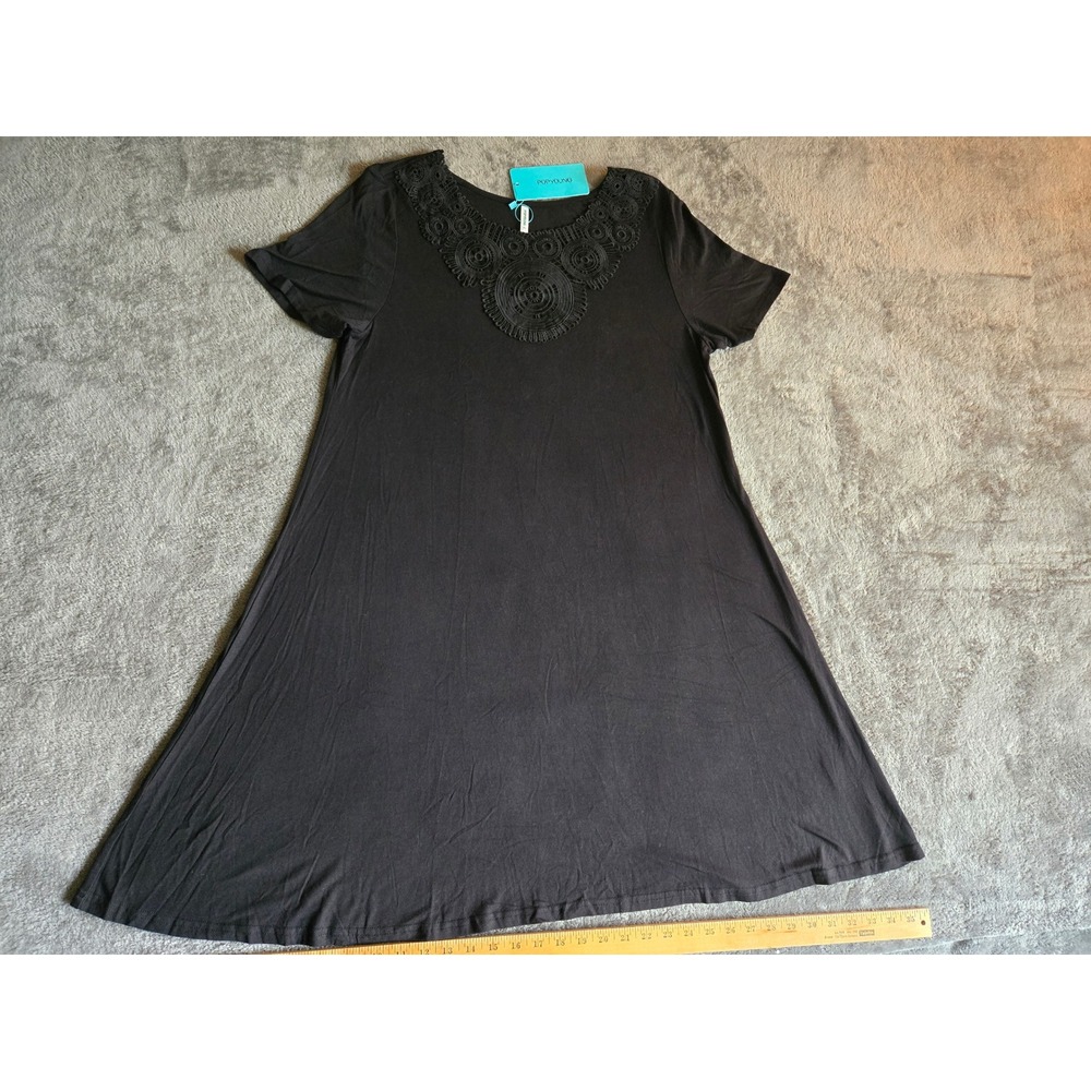 POPYOUNG Tunic Dress Women XL Black NEW Crochet Lace Neckline Short Sleeve Boho
